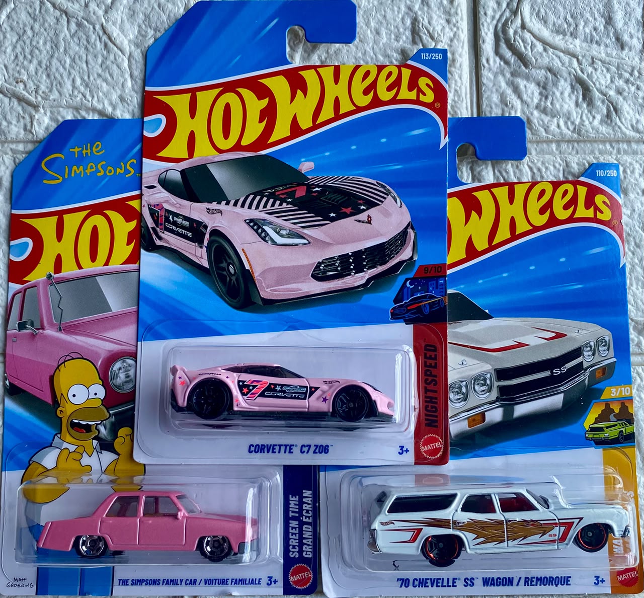 Pack of 3 - Corvette C7 Z06, '70 Chevelle SS Wagon and The Simpsons Family Car (Imported)