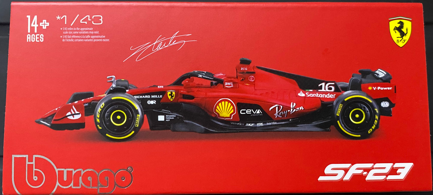 Bburago - 1/43 Scale Model Compatible with Ferrari SF23# 16 Compatible with Charles Leclerc Formula 1 2023 Miniature Model (Red)