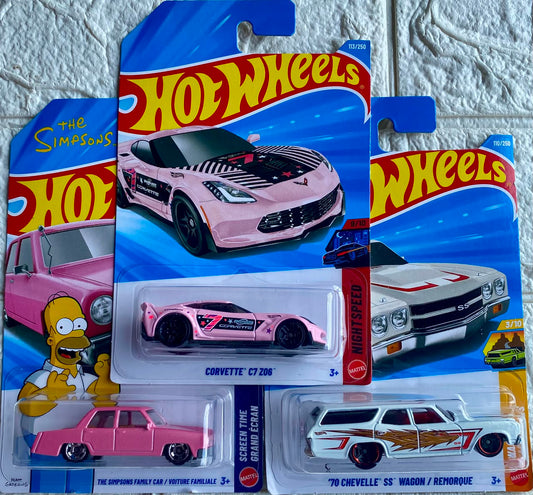 Pack of 3 - Corvette C7 Z06, '70 Chevelle SS Wagon and The Simpsons Family Car (Imported)