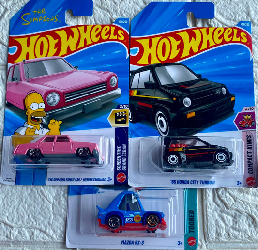 Pack of 3 - The Simpsons Family Car, '85 Honda City Turbo II and Mazda RX-3 (Imported)