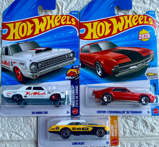 Pack of 3 - '64 Dodge 330, Custom '66 Toronado and Long Bloc (Imported)