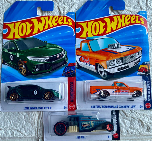 Pack of 3 - 2018 Honda Civic Type R, Custom '72 Chevy LUV and Mid Mill (Imported)