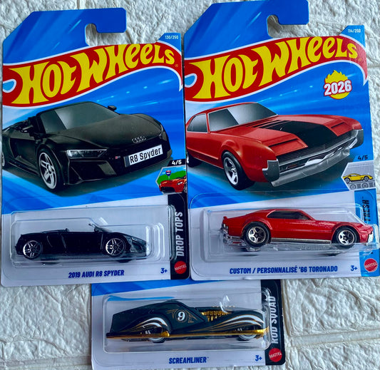 Pack of 3 - 2019 Audi R8 Spyder, Custom '66 Toronado and Screamliner (Imported)